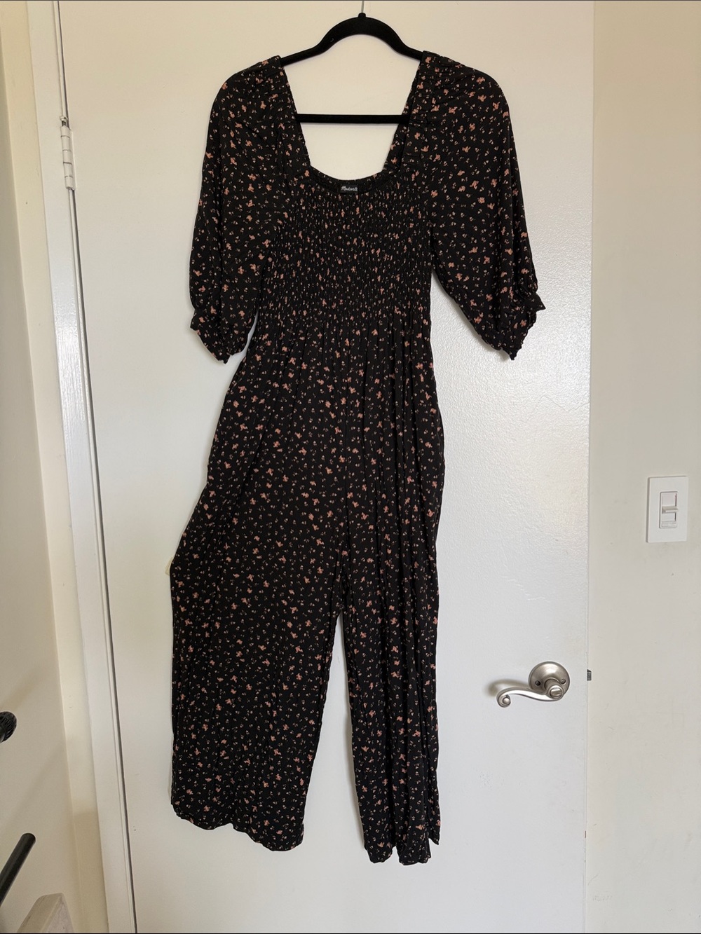 Madewell Black Maxi Dress with Pink Floral Print and Smocked Bodice